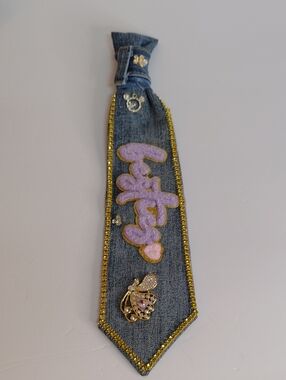 " Bestie" Denim Tie Necklace with Purple Patch and Gold Trim